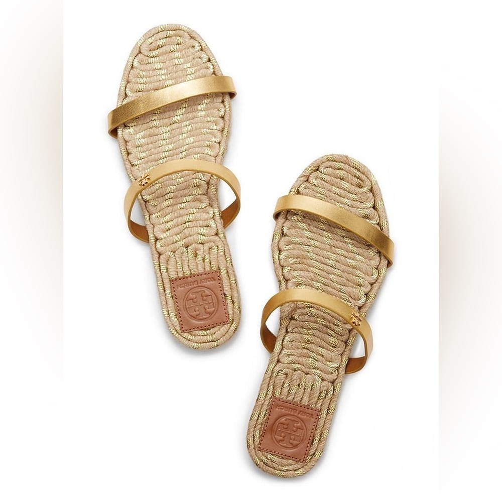 Tory Burch Women's Two-Band Flat Metallic Goat Madras Espadrille Slide Gold 9